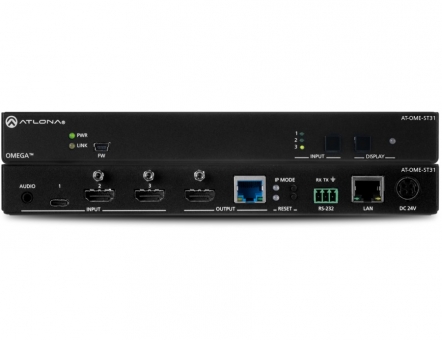 Коммутатор-передатчик 4K/UHD 3х1 HDMI на HDBaseT входы 2x HDMI и USB-C, с PoE и RS-232 AT-OME-ST31
